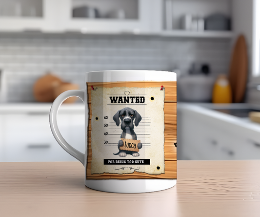 Personalised WANTED Pet Dog mug of a cute Golden Retriever on a wanted poster - Keepsake Gift, by Floppsie Moppsie – floppsiemoppsie at floppsiemoppsie.co.uk