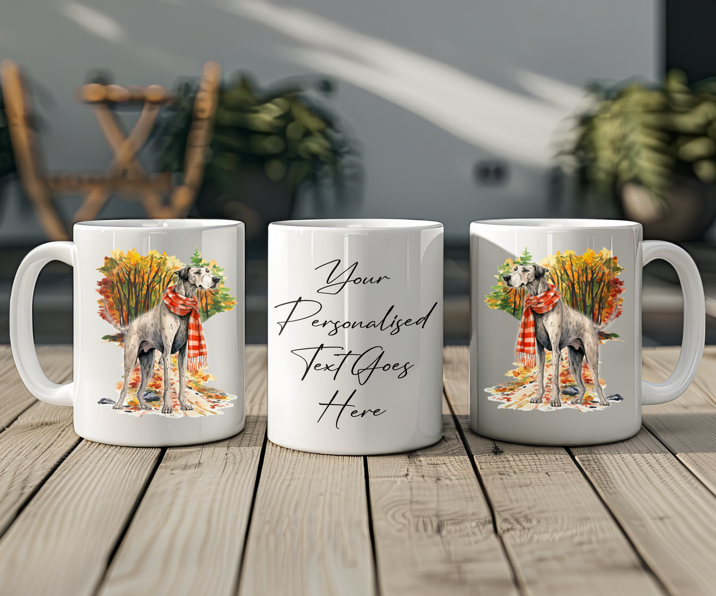 Personalised Great Dane Pet Dog Gift Mug wearing an Autumn scarf on a walk