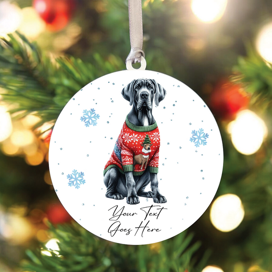 A Personalised Great Dane Jumper Dog Hanging Bauble Decoration