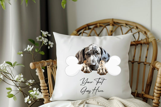 Personalised Great Dane sleeping on a bone Pet Dog Keepsake Gift Cushion, by Floppsie Moppsie – floppsiemoppsie at floppsiemoppsie.co.uk