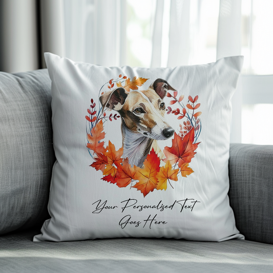 Personalised Greyhound in an Autumn wreath - Keepsake Gift cushion, by Floppsie Moppsie – floppsiemoppsie at floppsiemoppsie.co.uk