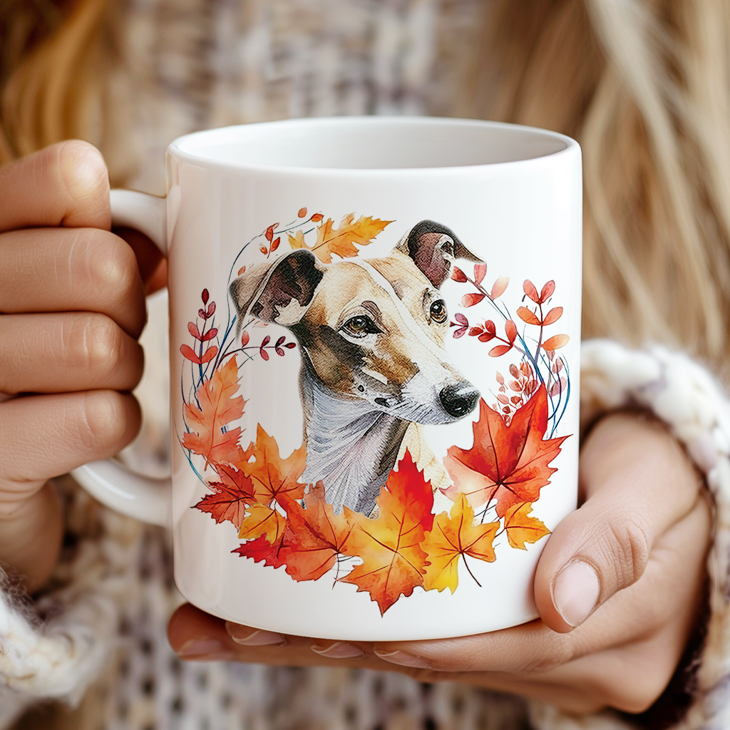 Personalised Greyhound in an Autumn wreath - Keepsake Mug, ideal gift for Birthday and Christmas Gift, by Floppsie Moppsie – floppsiemoppsie at floppsiemoppsie.co.uk