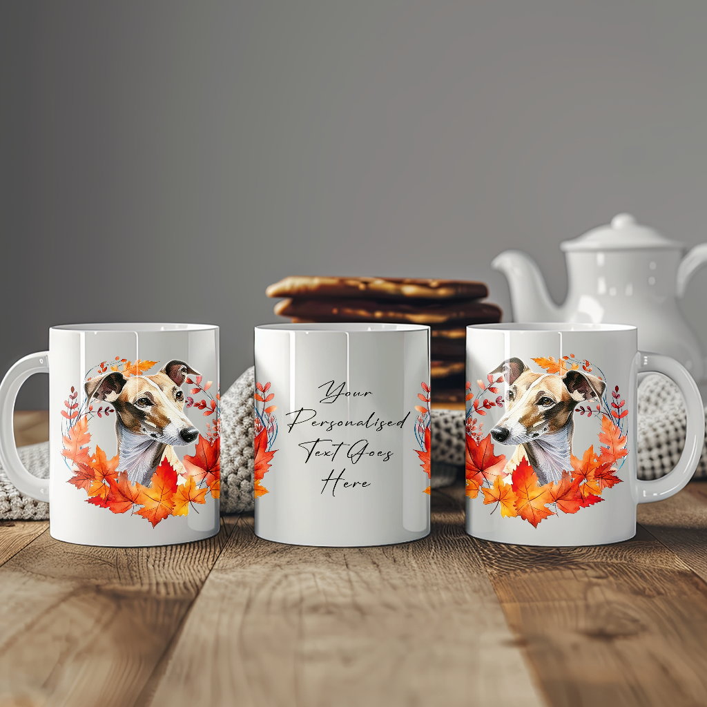 Personalised Greyhound in an Autumn wreath - Keepsake Mug, ideal gift for Birthday and Christmas Gift, by Floppsie Moppsie – floppsiemoppsie at floppsiemoppsie.co.uk