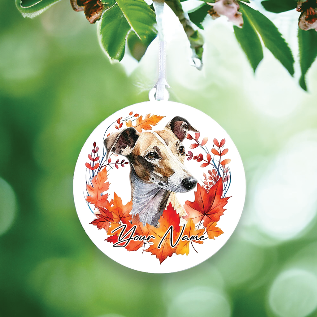 Personalised Dog Greyhound in an autumn wreath - Keepsake Gift Hanging Decoration, by Floppsie Moppsie – floppsiemoppsie at floppsiemoppsie.co.uk