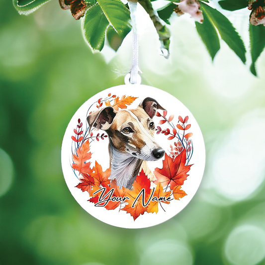 Personalised Dog Greyhound in an autumn wreath - Keepsake Gift Hanging Decoration, by Floppsie Moppsie – floppsiemoppsie at floppsiemoppsie.co.uk