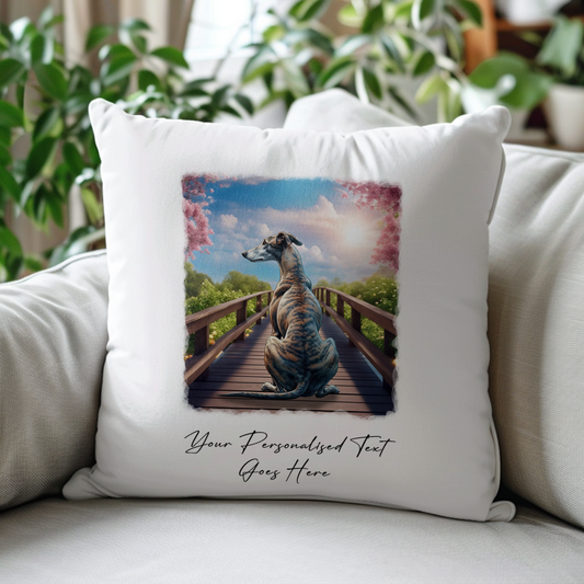 Personalised Greyhound – Looking out across a Bridge Pet Gift Cushion, by Floppsie Moppsie – floppsiemoppsie at floppsiemoppsie.co.uk