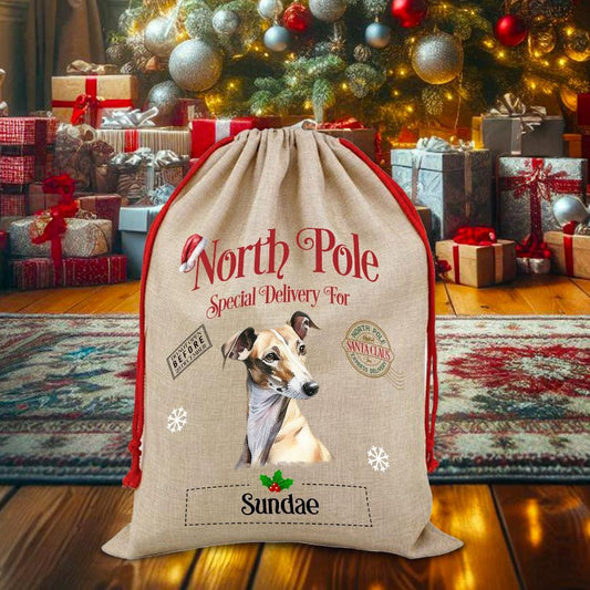 Personalised Dog Greyhound – North Pole Special Delivery Santa Sack Pet Gift, by Floppsie Moppsie – floppsiemoppsie at floppsiemoppsie.co.uk