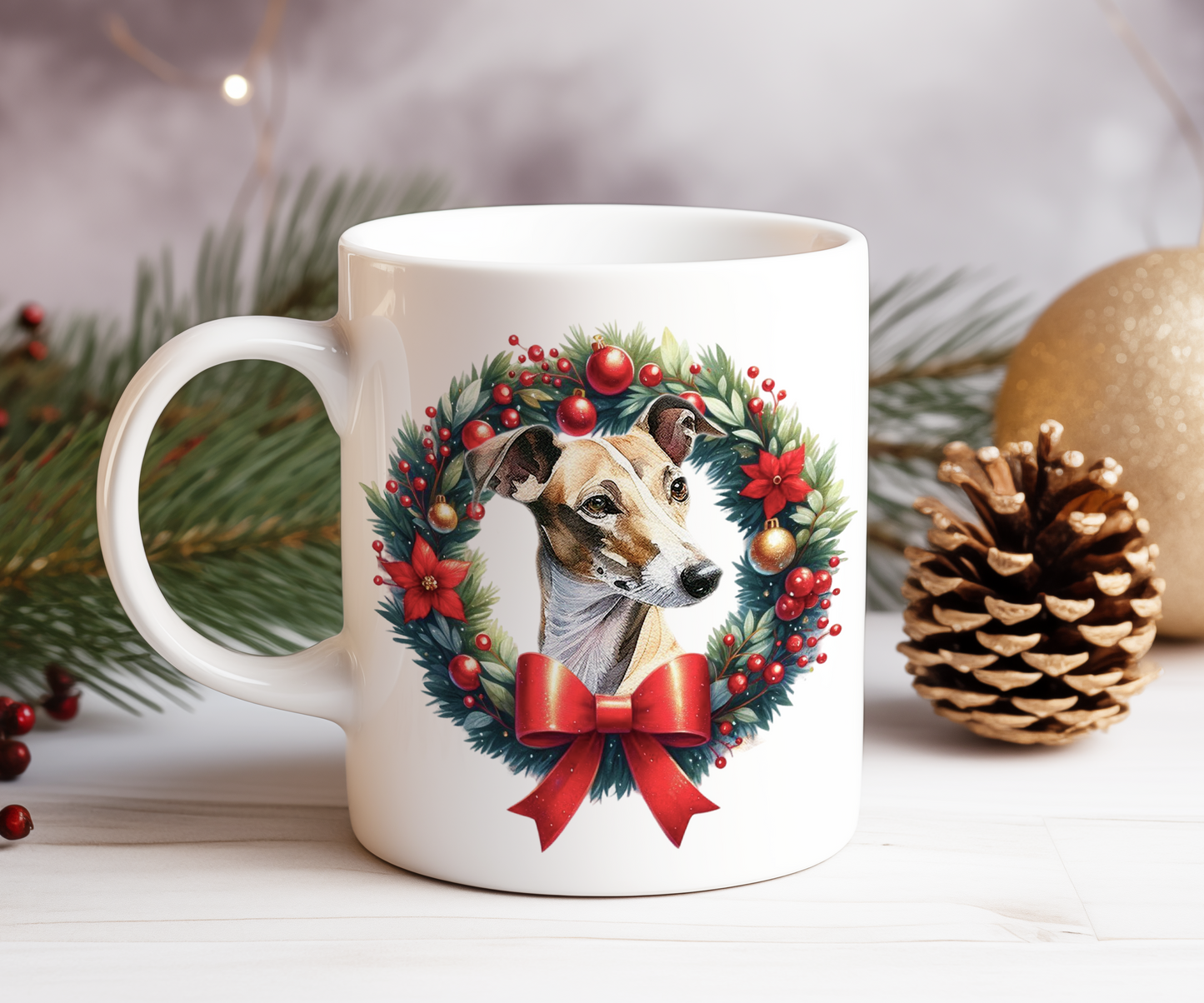 Personalised Greyhound Dog Christmas Wreath Gift Mug