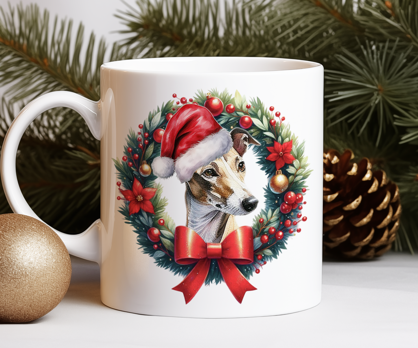 Personalised Greyhound Dog Christmas Wreath Gift Mug