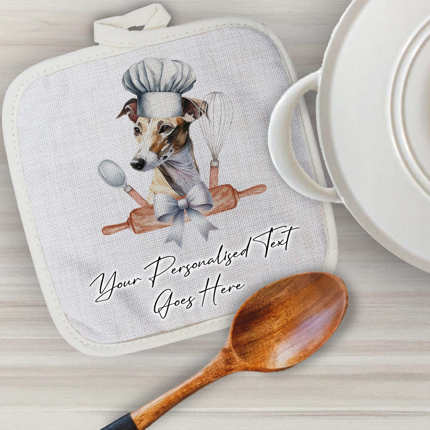 Personalised Dog In Chef Hat Gift Pot Holder / Grab - Greyhound