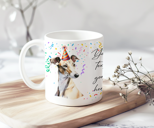 Personalised Dog Gift Mug - Greyhound with Birthday Congratulations Party Hat