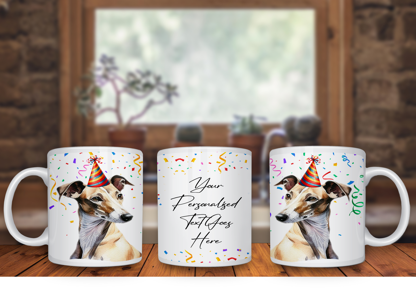 Personalised Dog Gift Mug - Greyhound with Birthday Congratulations Party Hat