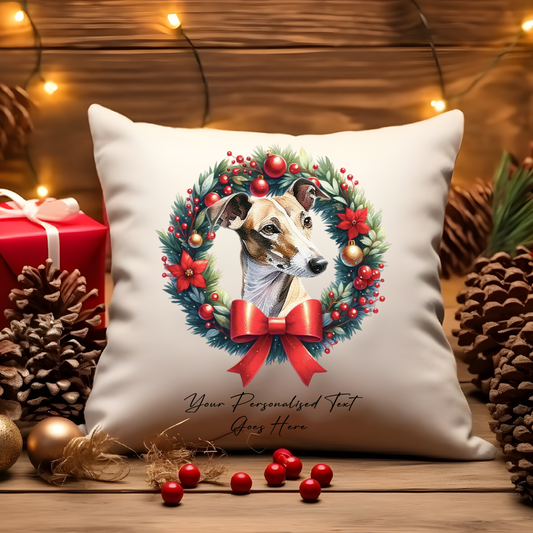 Personalised Greyhound in a Christmas wreath - Keepsake Gift cushion, by Floppsie Moppsie – floppsiemoppsie at floppsiemoppsie.co.uk