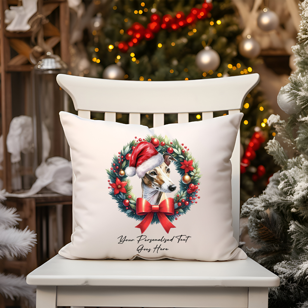 Personalised Greyhound with Santa Hat in a Christmas wreath - Keepsake Gift cushion, by Floppsie Moppsie – floppsiemoppsie at floppsiemoppsie.co.uk