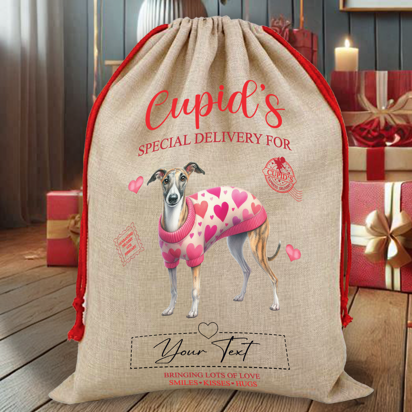 Personalised Dog Love Heart Valentine Anniversary Gift Sack - Greyhound