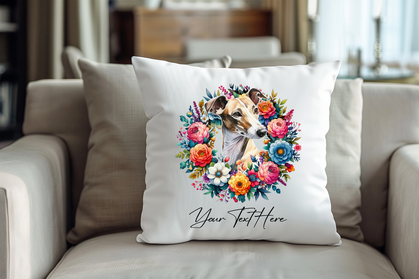 Personalised Floral Summer Pet Dog Wreath with Greyhound - Keepsake Gift Cushion, by Floppsie Moppsie – floppsiemoppsie at floppsiemoppsie.co.uk