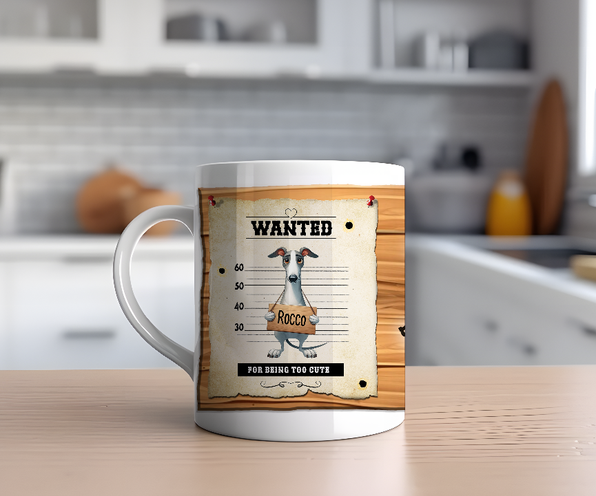 Personalised WANTED Pet Dog mug of a cute Greyhound on a wanted poster - Keepsake Gift, by Floppsie Moppsie – floppsiemoppsie at floppsiemoppsie.co.uk