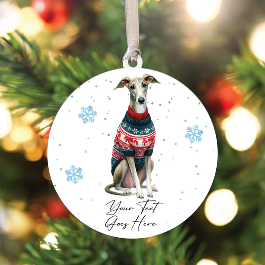 A Personalised Greyhound Jumper Dog Hanging Bauble Decoration