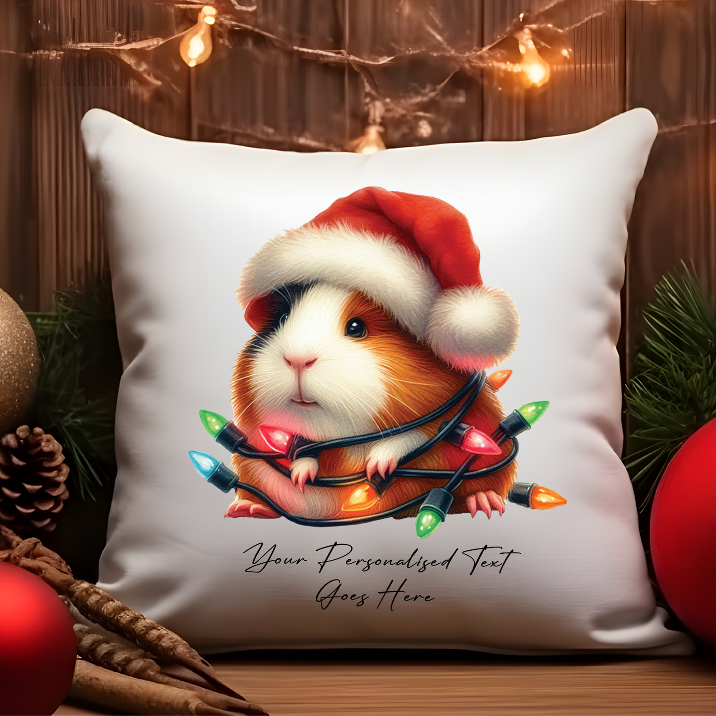 Personalised Guinea Pig wrapped in Christmas Lights Cushion Cover Gift - Style B