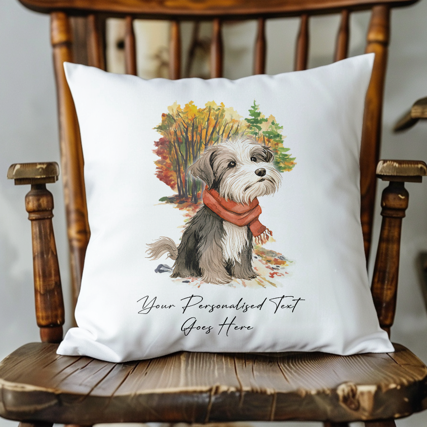 Personalise Havanese – on an Autmn Winter Walk wearing a scarf Pet Gift Cushion, by Floppsie Moppsie – floppsiemoppsie at floppsiemoppsie.co.uk