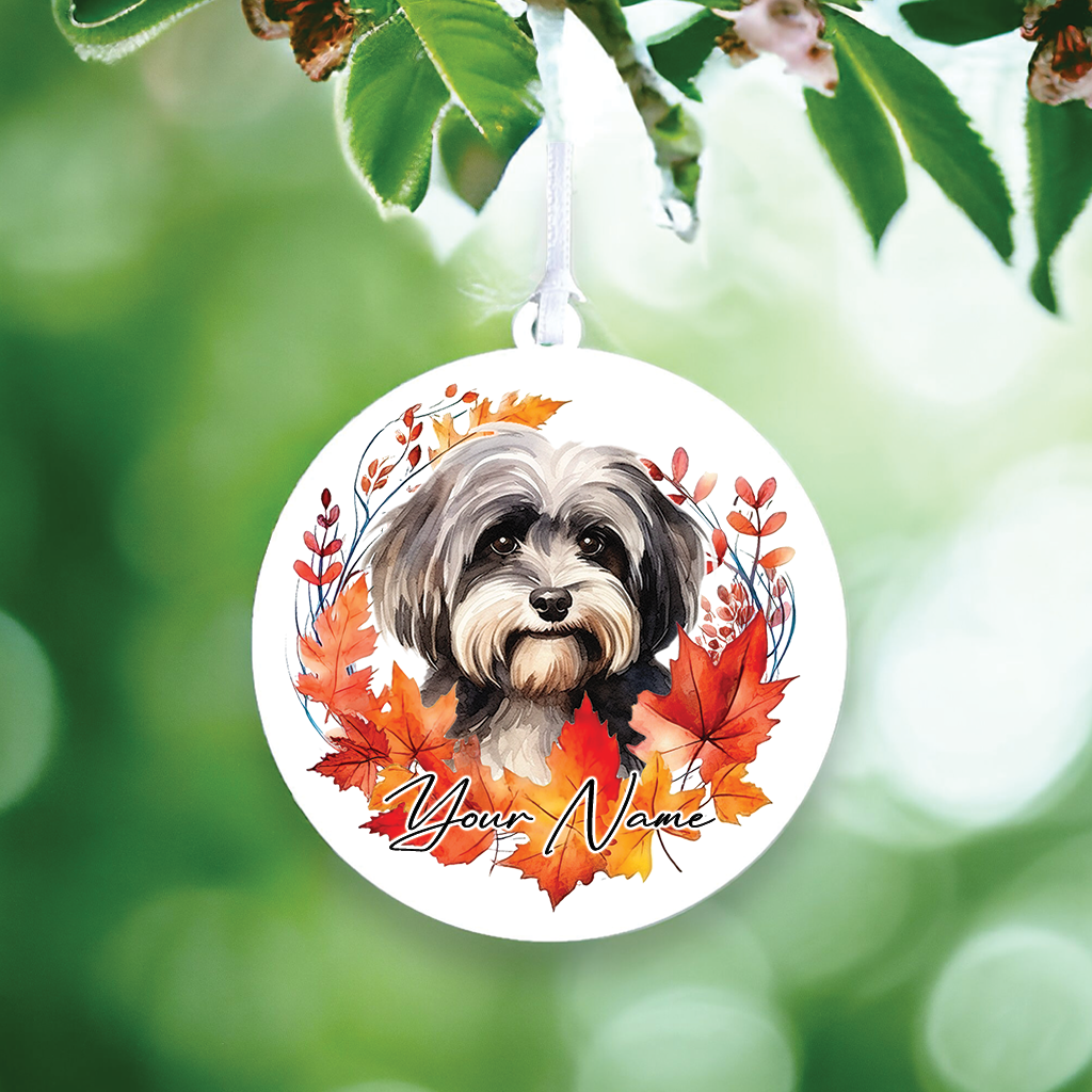 Personalised Dog Havanese in an autumn wreath - Keepsake Gift Hanging Decoration, by Floppsie Moppsie – floppsiemoppsie at floppsiemoppsie.co.uk