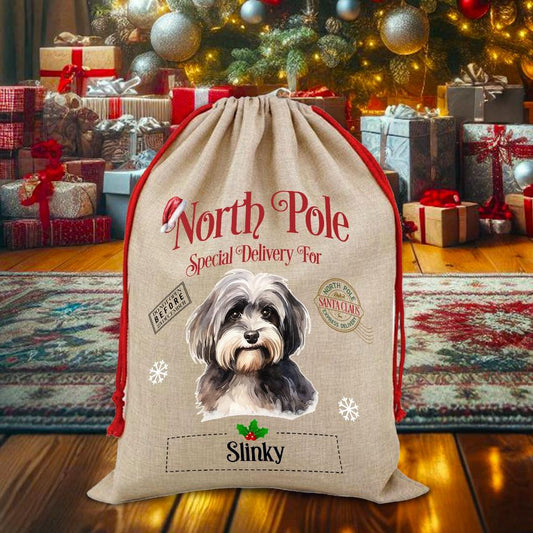 Personalised Dog Havanese – North Pole Special Delivery Santa Sack Pet Gift, by Floppsie Moppsie – floppsiemoppsie at floppsiemoppsie.co.uk