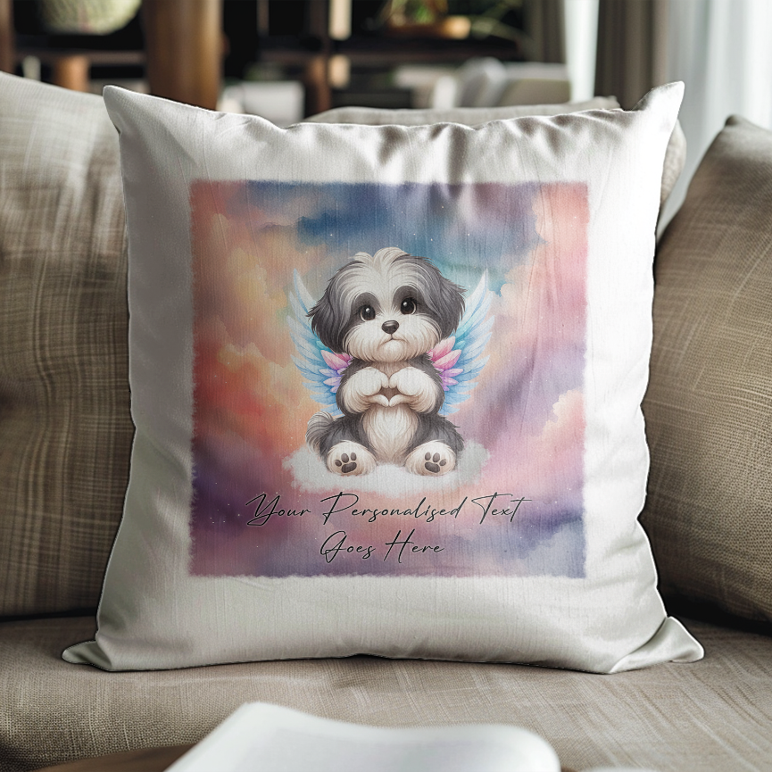 Personalised Dog Memorial Mug of Havanese with wings in clouds making a heart sign - Keepsake Gift Cushion, by Floppsie Moppsie – floppsiemoppsie at floppsiemoppsie.co.uk