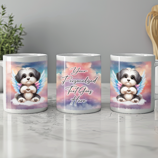 Personalised Dog Memorial Mug of Havanese with wings in clouds making a heart sign - Keepsake Gift Mug, by Floppsie Moppsie – floppsiemoppsie at floppsiemoppsie.co.uk