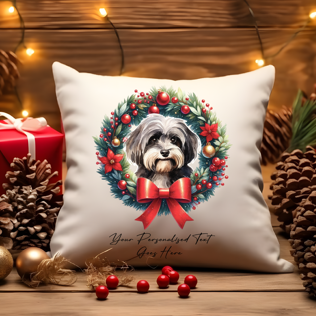 Personalised Havanese in a Christmas wreath - Keepsake Gift cushion, by Floppsie Moppsie – floppsiemoppsie at floppsiemoppsie.co.uk