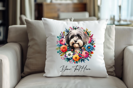 Personalised Floral Summer Pet Dog Wreath with Havanese - Keepsake Gift Cushion, by Floppsie Moppsie – floppsiemoppsie at floppsiemoppsie.co.uk