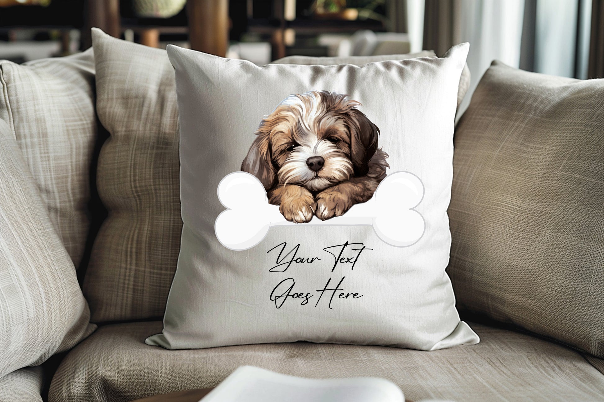 Personalised Havanese sleeping on a bone Pet Dog Keepsake Gift Cushion, by Floppsie Moppsie – floppsiemoppsie at floppsiemoppsie.co.uk