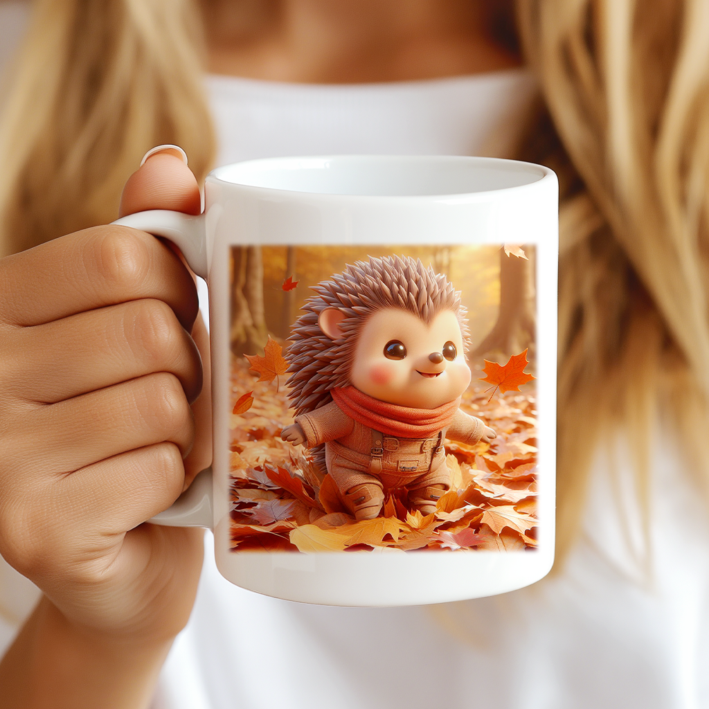 Personalised Cute Hedgehog Playing in Autumn Leaves - Keepsake Gift Mug, by Floppsie Moppsie – floppsiemoppsie at floppsiemoppsie.co.uk