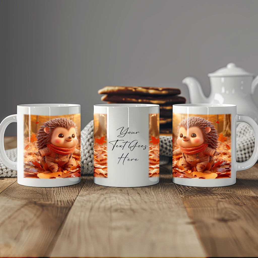 Personalised Cute Hedgehog Playing in Autumn Leaves - Keepsake Gift Mug, by Floppsie Moppsie – floppsiemoppsie at floppsiemoppsie.co.uk