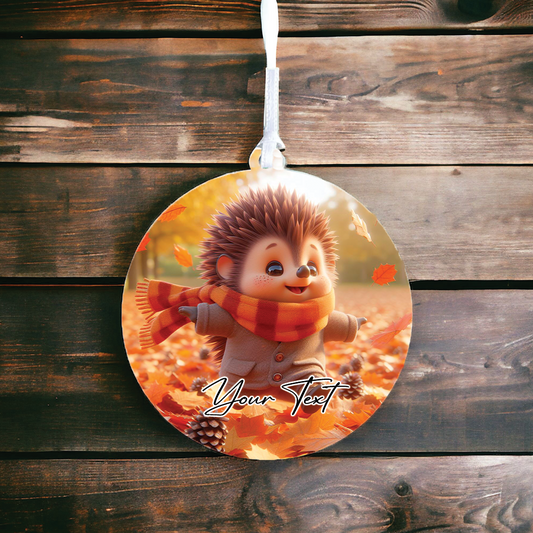 Cute Personalised Hedgehog playing in the autumn leaves - Keepsake Gift Hanging Decoration, by Floppsie Moppsie – floppsiemoppsie at floppsiemoppsie.co.uk