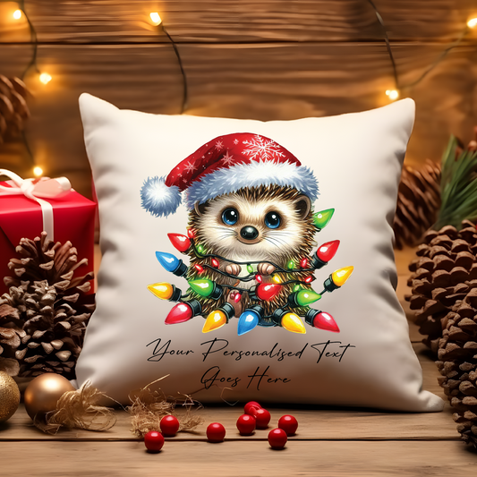 Personalised Hedgehog wrapped in Christmas Lights Cushion Cover Gift - Style B