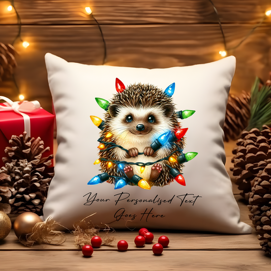 Personalised Hedgehog wrapped in Christmas Lights Cushion Cover Gift - Style C