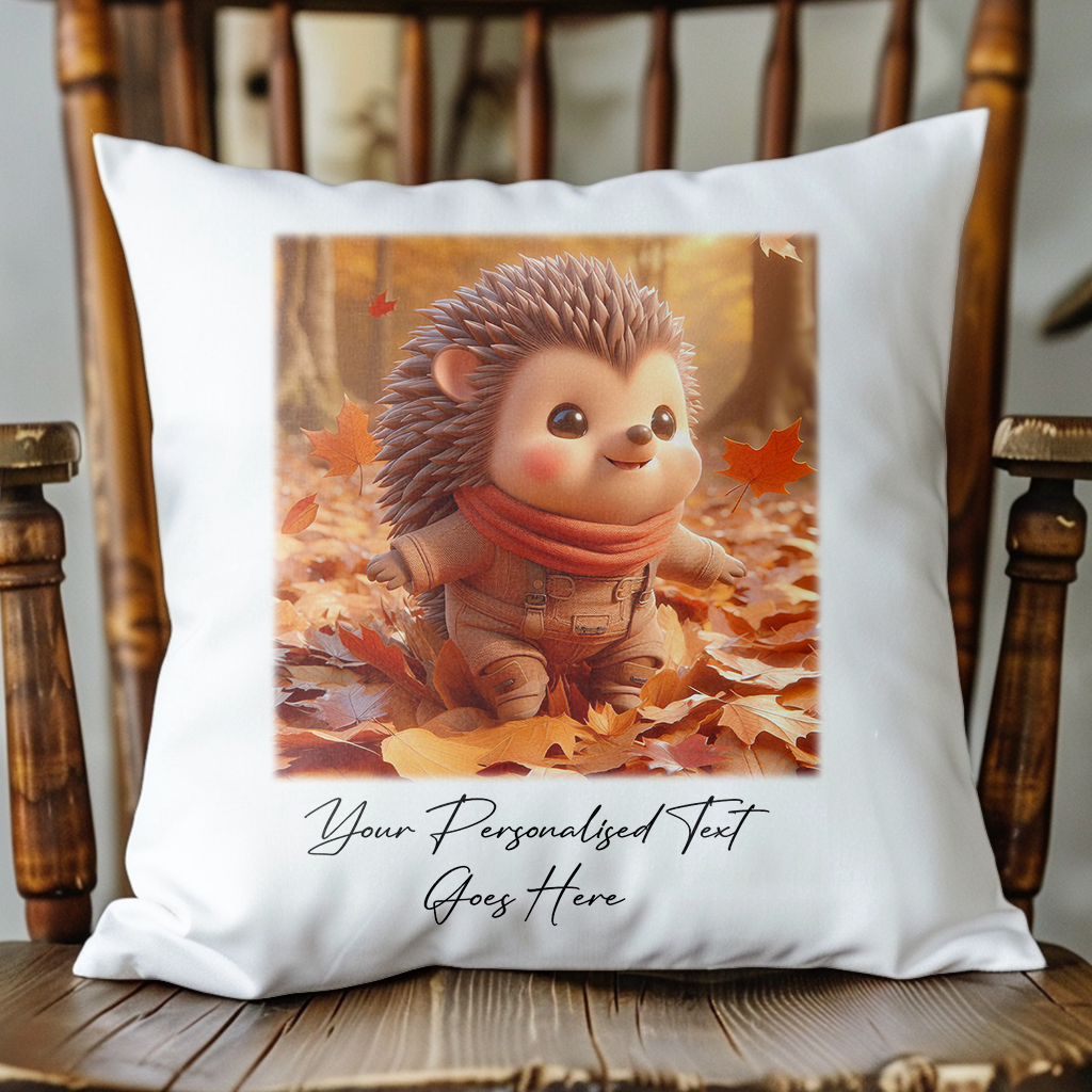 Personalised Cute Hedgehog Playing in Autumn Leaves - Keepsake Gift Cushion, by Floppsie Moppsie – floppsiemoppsie at floppsiemoppsie.co.uk