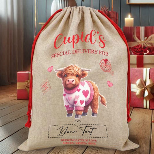 Personalised Animal Love Heart Valentine Anniversary Gift Sack - Highland Cow