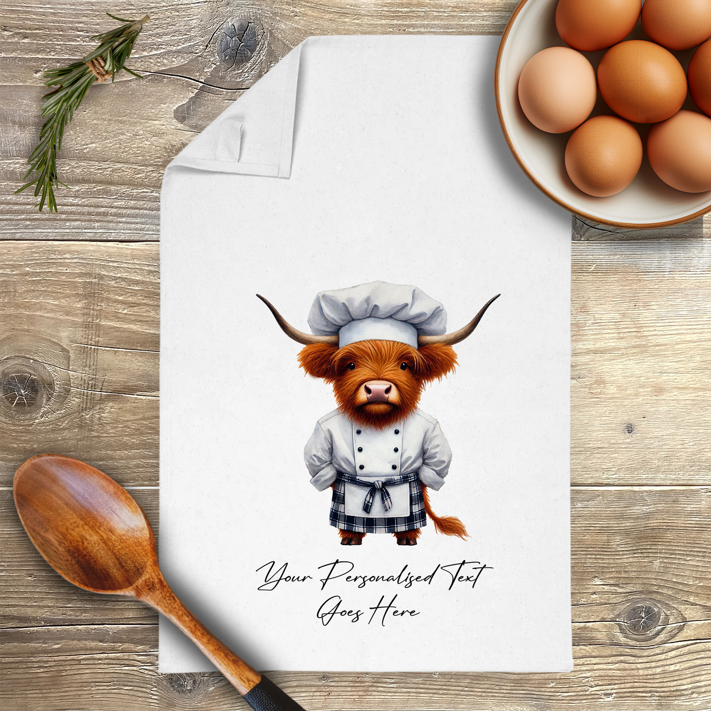 Personalised Watercolour Animal Chef Highland Cow Tea Towel