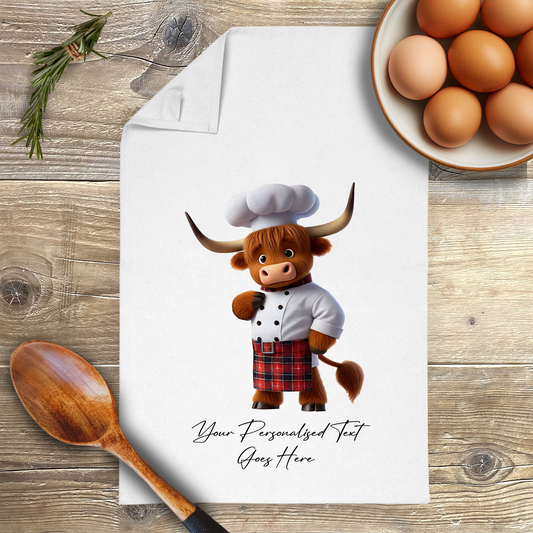 Personalised Toon Animal Chef Highland Cow Tea Towel