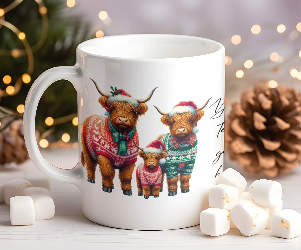 Personalised Christmas Highland Cow Family - Keepsake Gift Mug, by Floppsie Moppsie – floppsiemoppsie at floppsiemoppsie.co.uk