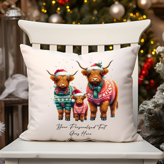 Personalised Christmas Highland Cow Family - Cushion Cover Gift - Style A