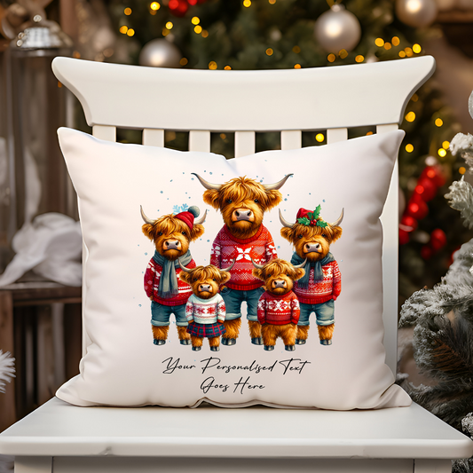 Personalised Christmas Highland Cow Family - Cushion Cover Gift - Style C