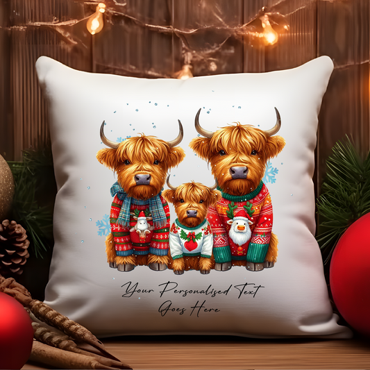 Personalised Christmas Highland Cow Family - Cushion Cover Gift - Style D