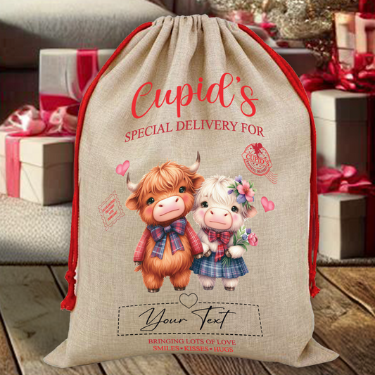 Personalised Animal Couple Love Heart Valentine Anniversary Gift Sack - Highland Cow A