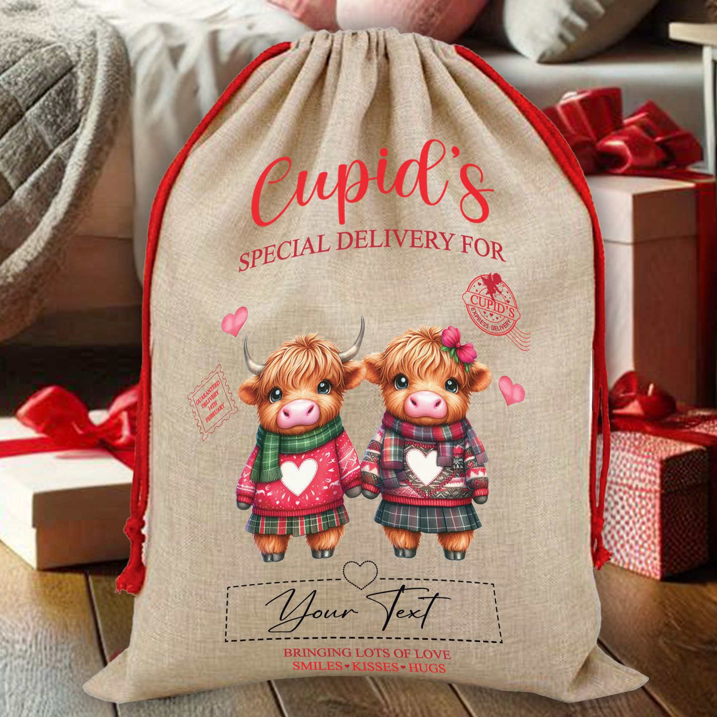 Personalised Animal Couple Love Heart Valentine Anniversary Gift Sack - Highland Cow B