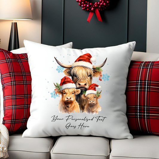 Personalised Christmas Highland Cow Family - Cushion Cover Gift