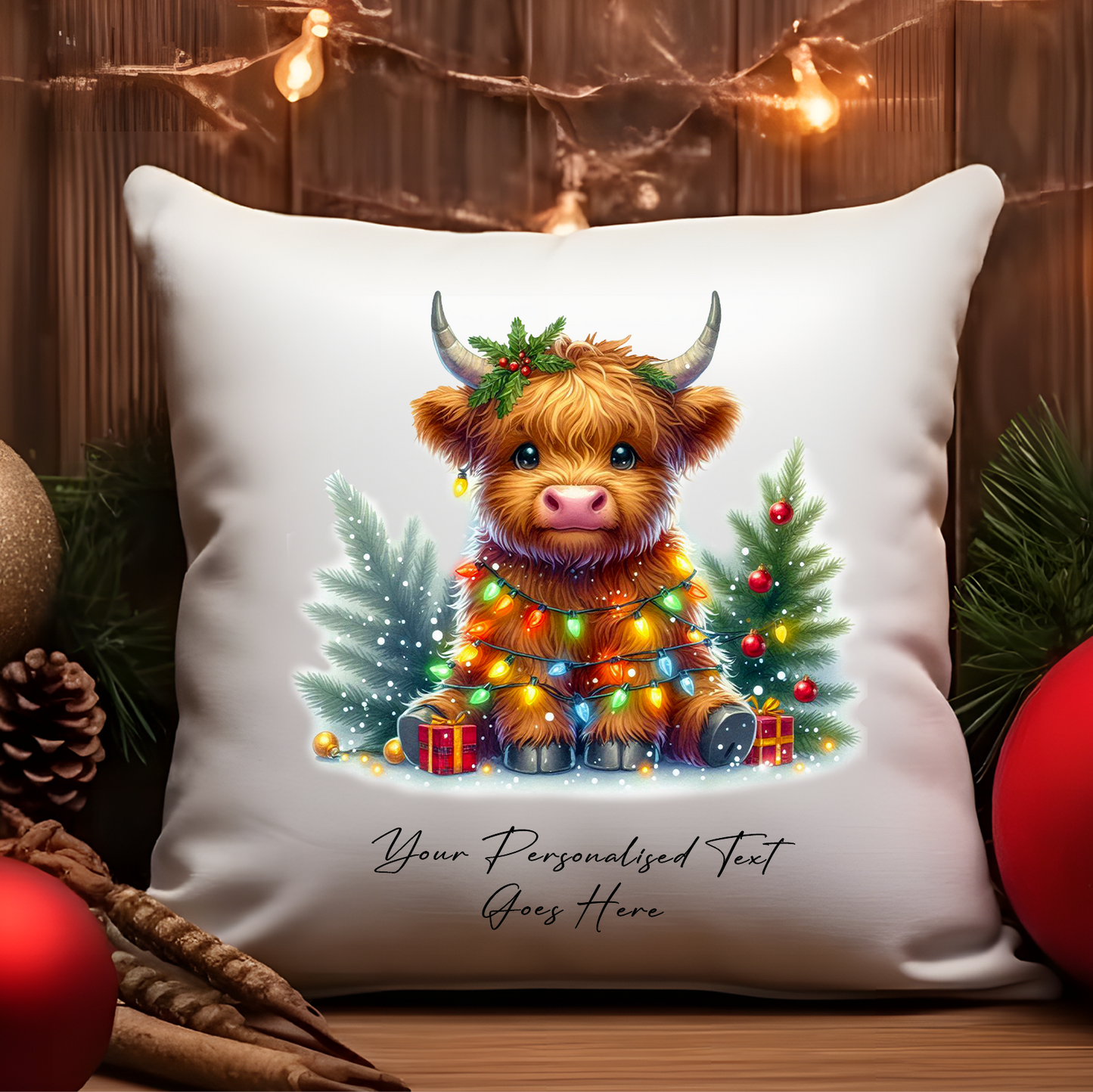 Personalised Highland Cow Wrapped in Christmas Lights Cushion Cover Gift - Style A