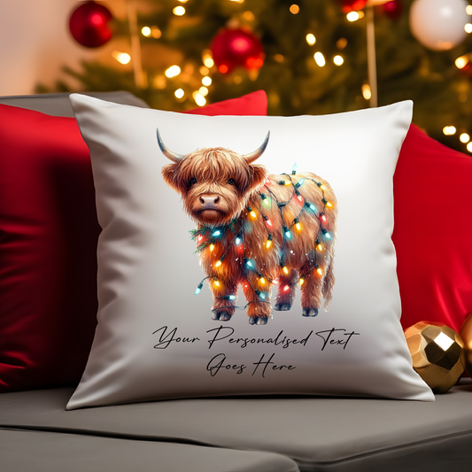 Personalised Highland Cow Wrapped in Christmas Lights Cushion Cover Gift - Style B