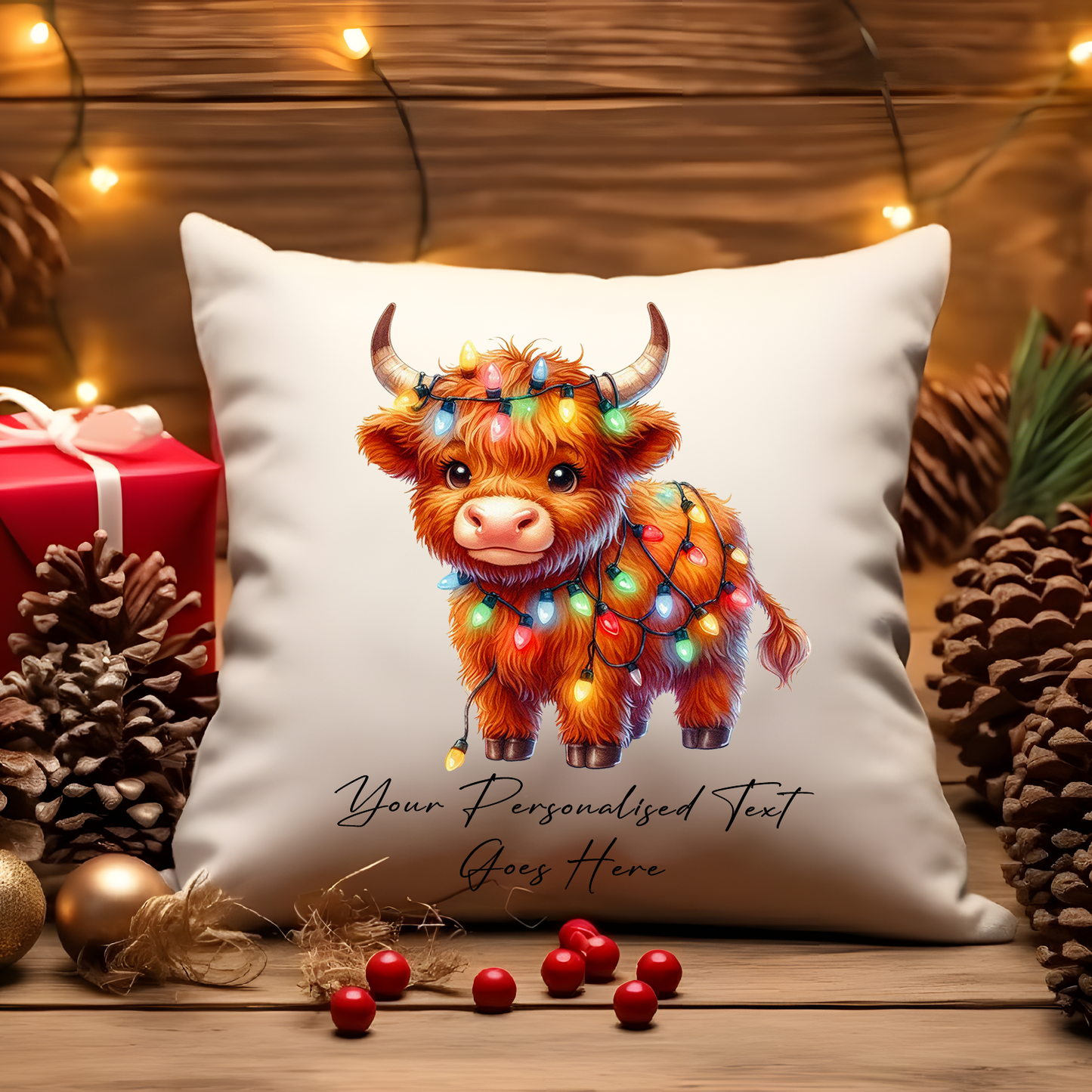 Personalised Highland Cow Wrapped in Christmas Lights Cushion Cover Gift - Style C